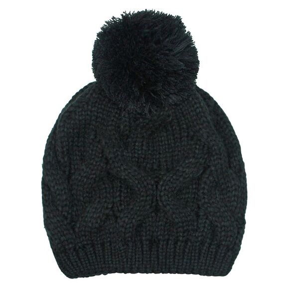 Black Cable Knit Beanie Cap With Pom Pom - Picture 2 of 6